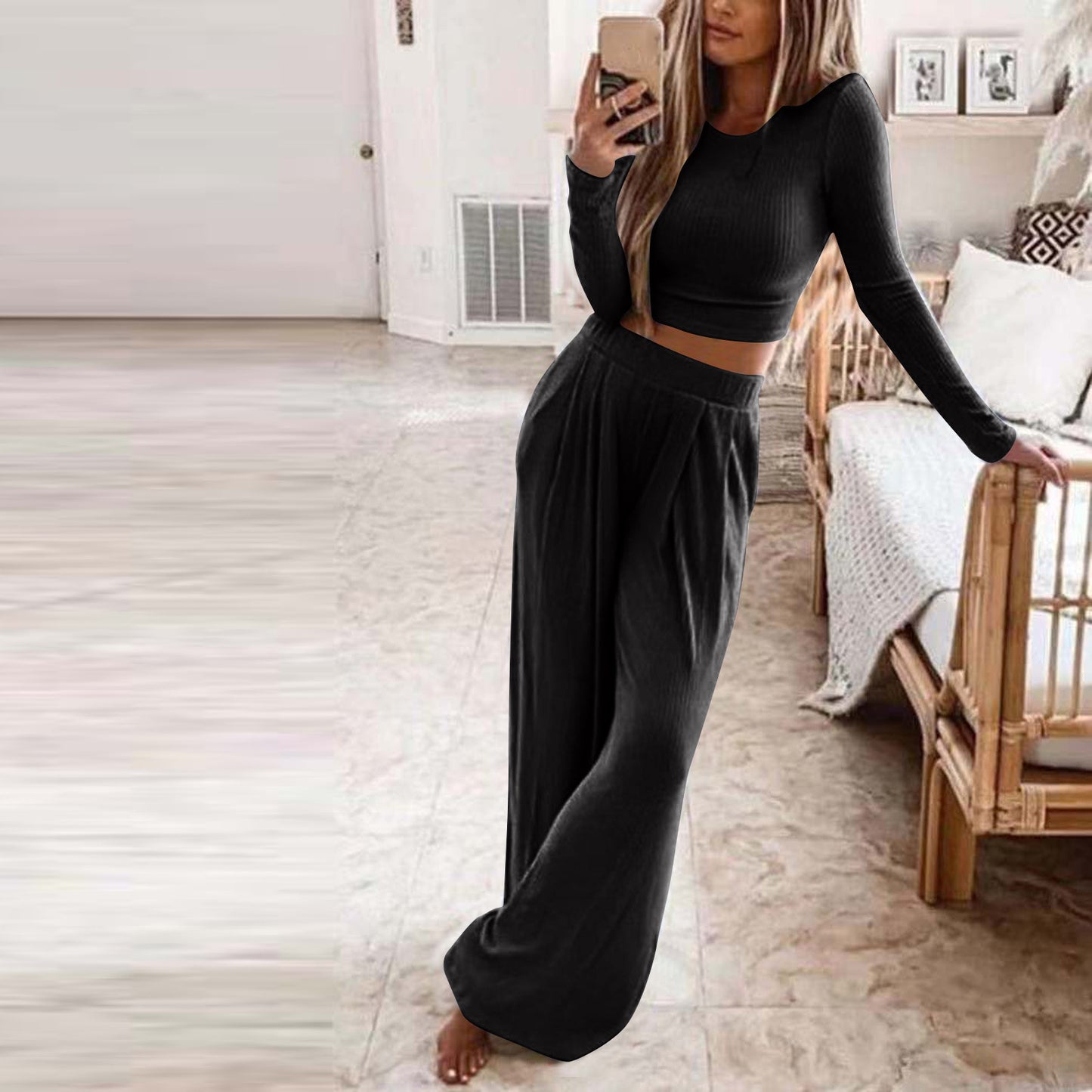 OFFBRACE Women's 2PCS Solid Color Knitted Casual Long-sleeved Long Pants Set