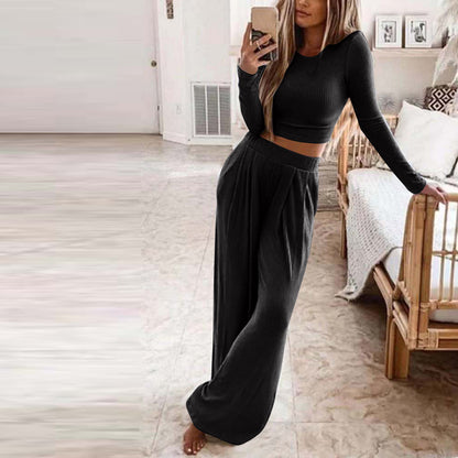 OFFBRACE Women's 2PCS Solid Color Knitted Casual Long-sleeved Long Pants Set