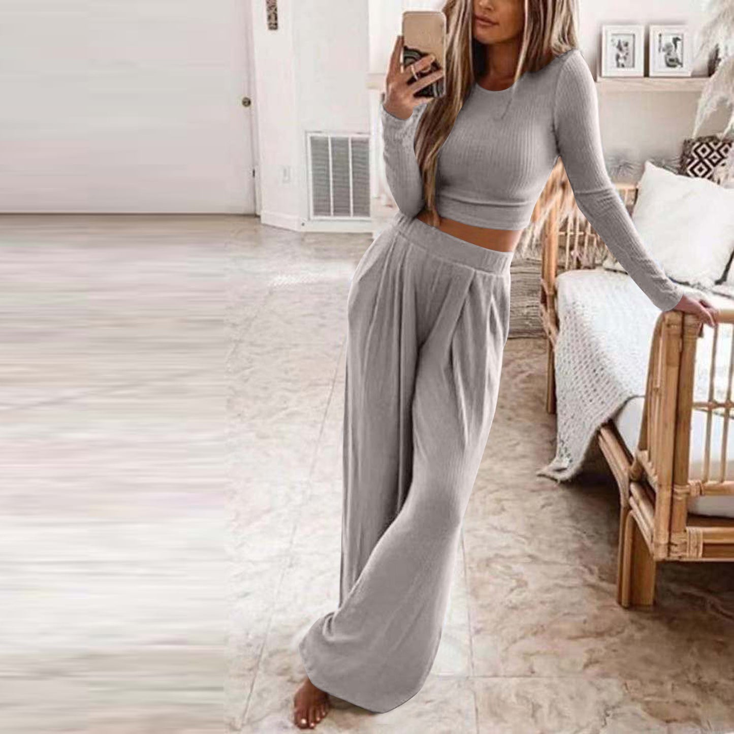 OFFBRACE Women's 2PCS Solid Color Knitted Casual Long-sleeved Long Pants Set