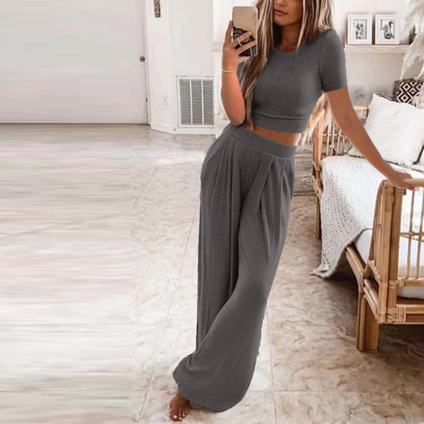 OFFBRACE Women's 2PCS Solid Color Knitted Casual Long-sleeved Long Pants Set