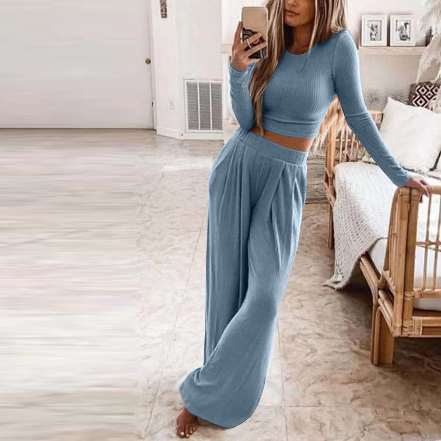 OFFBRACE Women's 2PCS Solid Color Knitted Casual Long-sleeved Long Pants Set