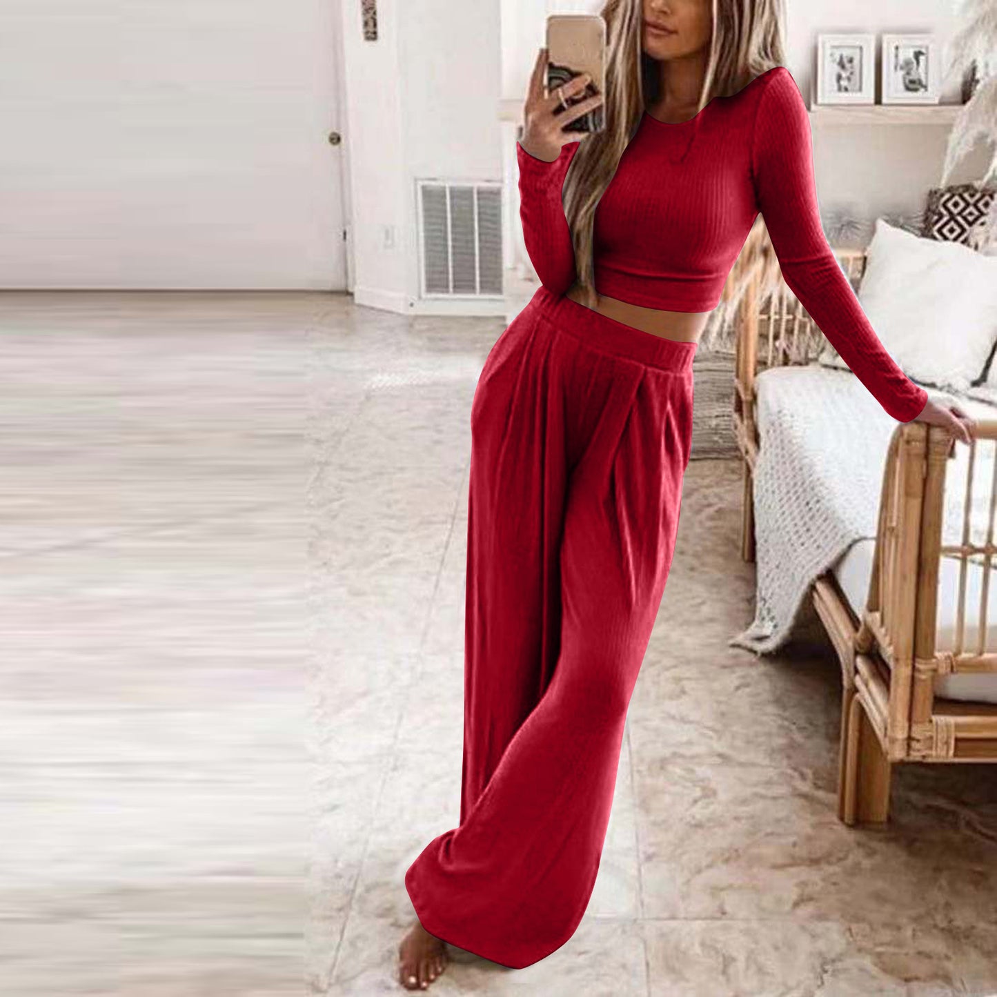 OFFBRACE Women's 2PCS Solid Color Knitted Casual Long-sleeved Long Pants Set